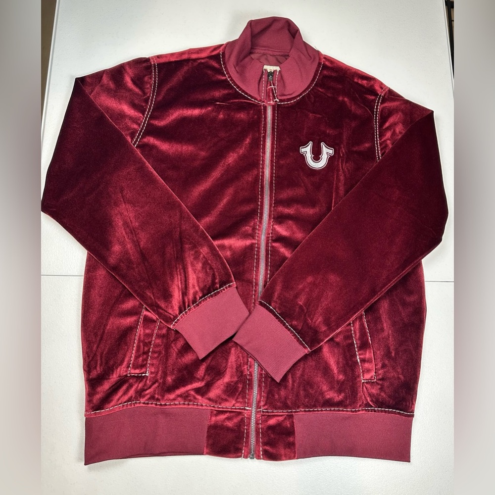 True Religion Jacket Men’s S Burgundy Velvet Big T Mock Zip Up Broadway Gunmetal